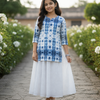 Girl's Blue Tie-Dye Printed Kurta with White Flared Skirt Set