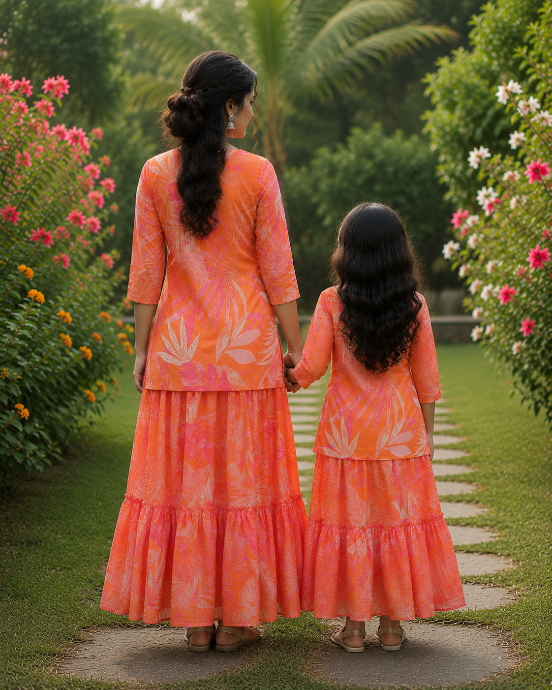 Mom & Daughter Peach Floral Printed Kurta & Tiered Skirt Matching Co-ord Set