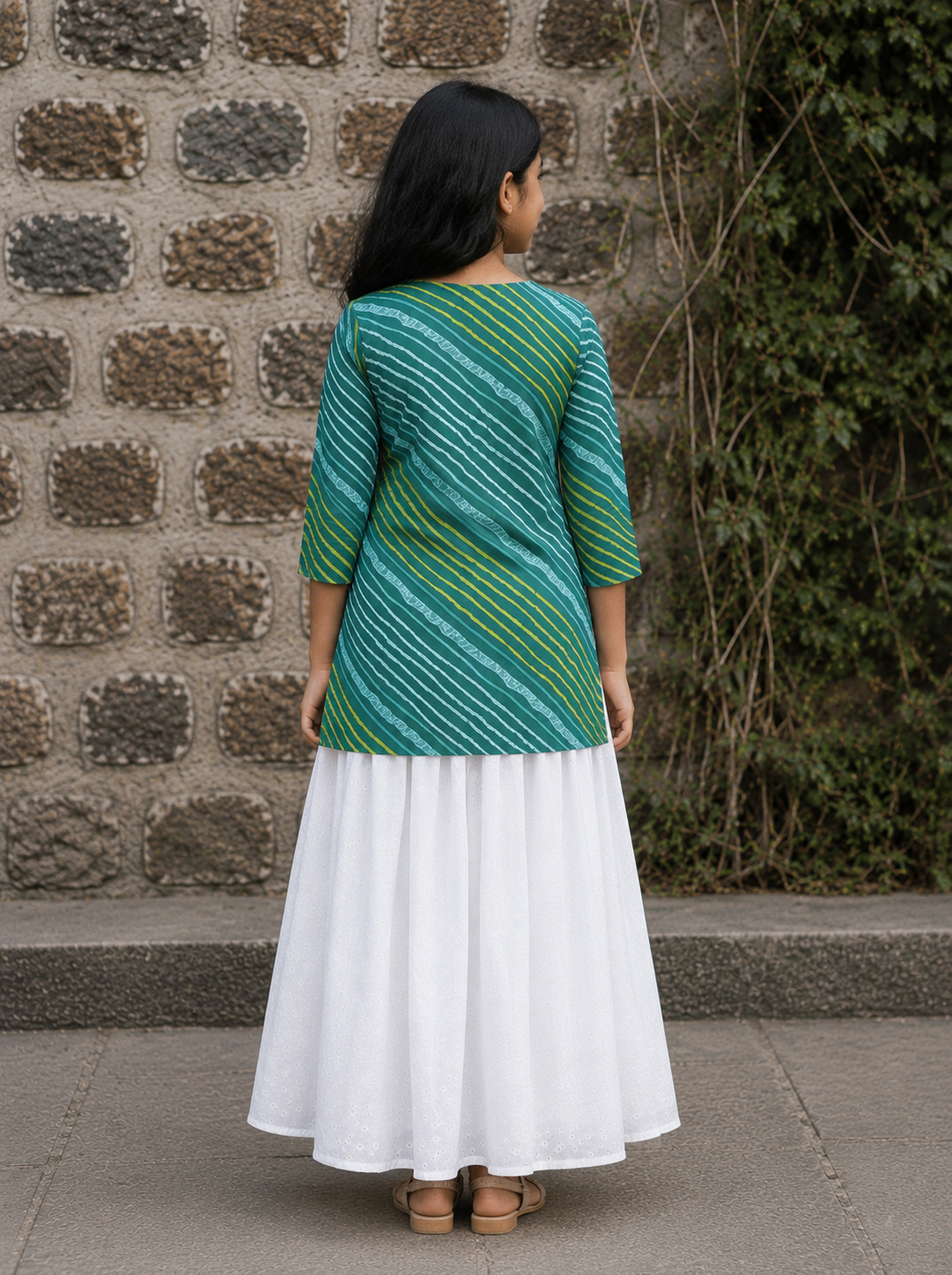 Girl's Teal Green Striped Printed Kurta with White Eyelet Flared Skirt Set