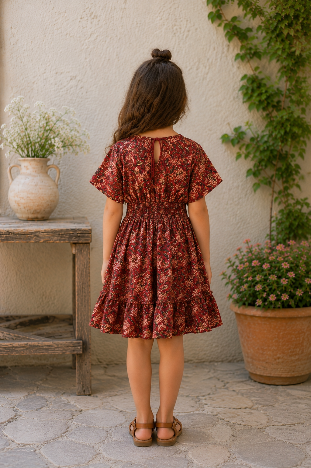 Baby Girls Maroon Floral Printed Smocked Waist Flared Dress