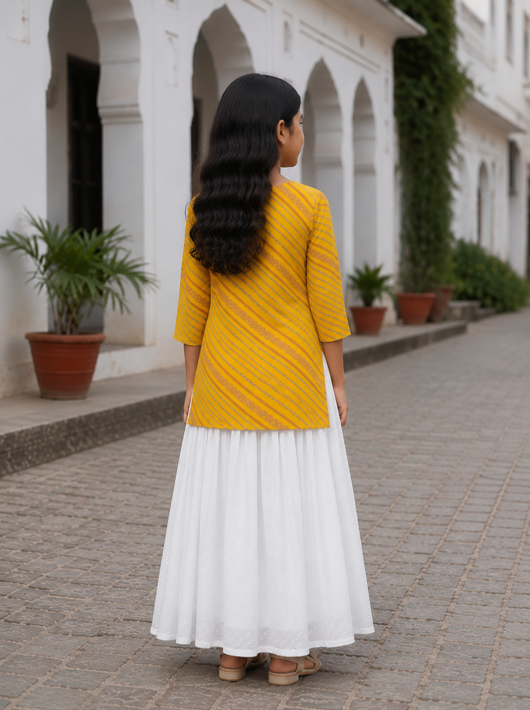 Girl's Mustard Yellow Printed Kurta with White Flared Skirt Ethnic Set