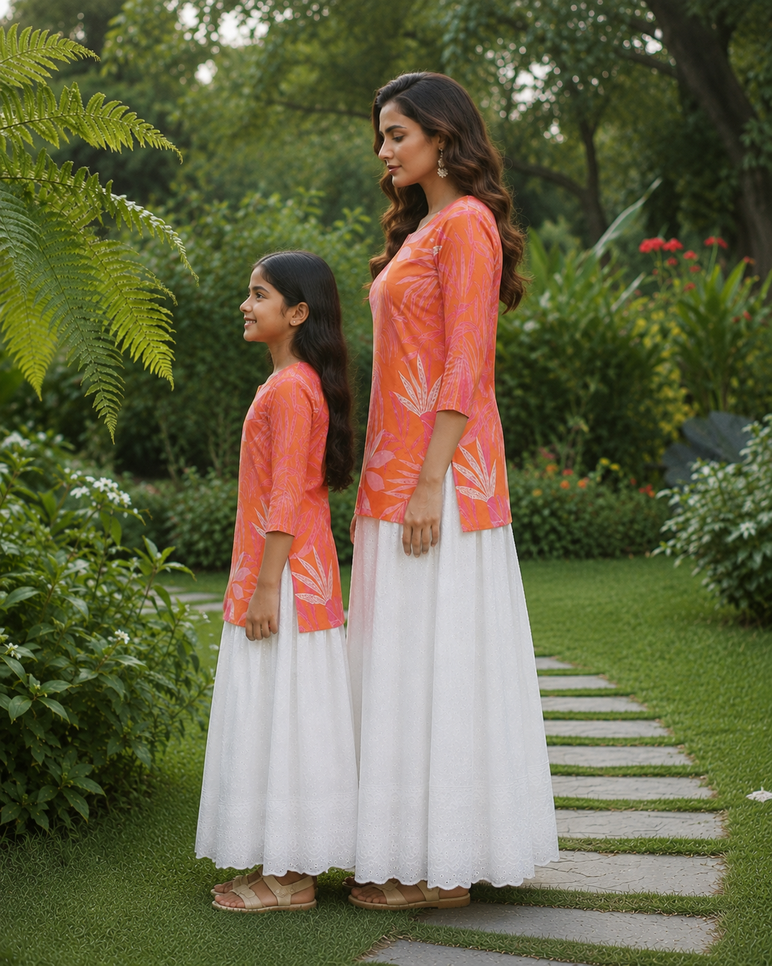 Mom & Daughter Coral Orange Floral Printed Kurta & White Skirt Matching Co-ord Set