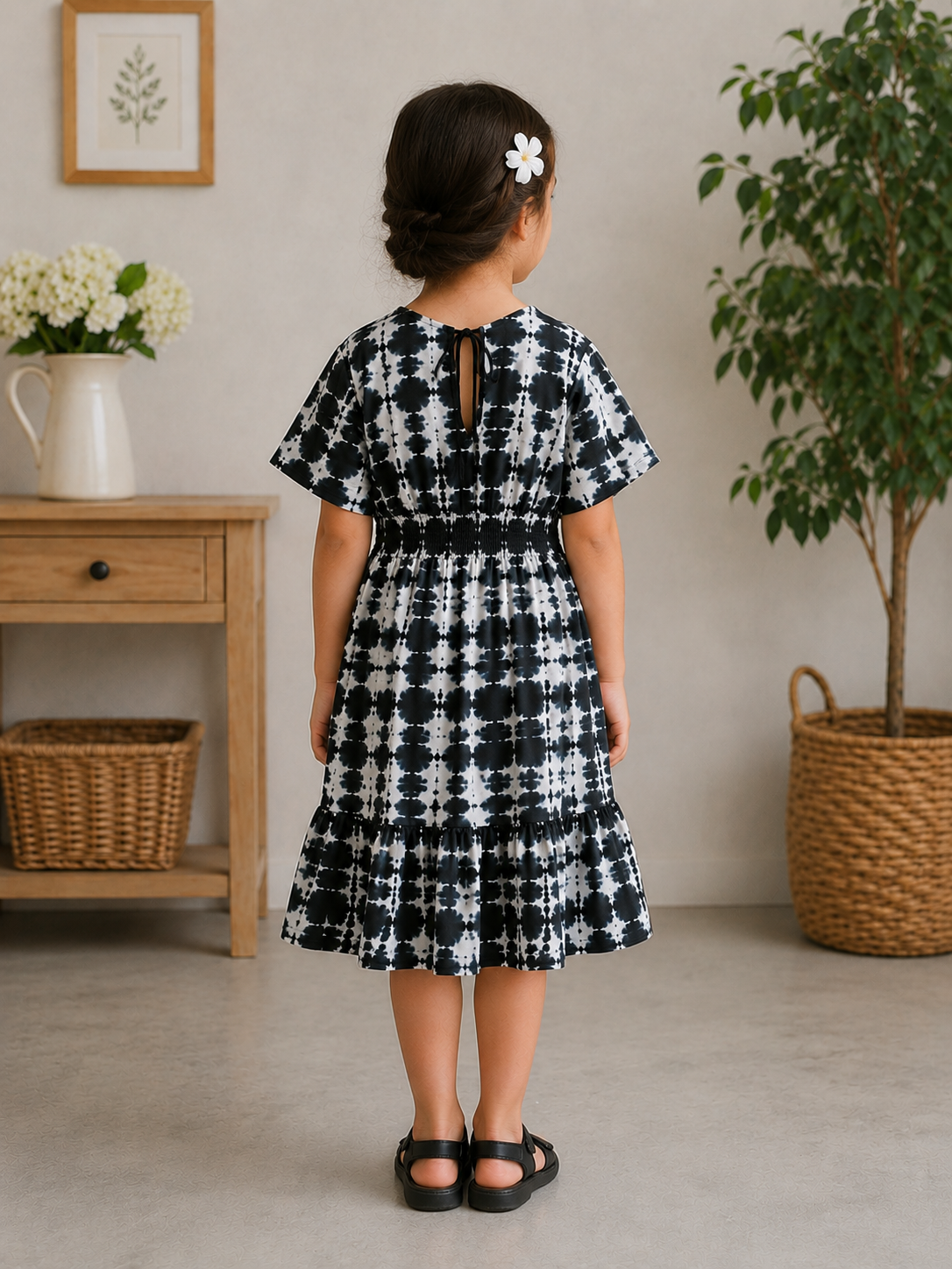 Baby Girls Black & White Tie-Dye Printed Smocked Waist Flared Midi Dress