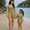 Mom & Daughter Olive Green Ethnic Printed Cotton Beach Wear Set with Bell Sleeve Tie-Up Top & Tassel Shorts