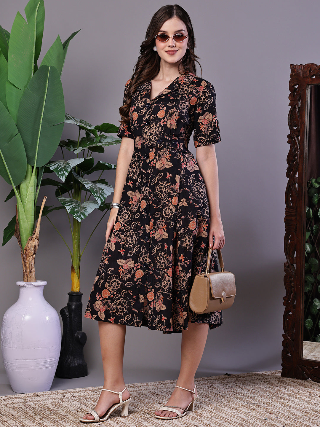 Aawari Chic Black & Rust Floral Print Button-Front Midi Dress - Midi Dresses / Western Wear / Dresses