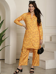 Aawari Women Muslin Yellow Flower Printed Shirt Collar Tunic With Trouser