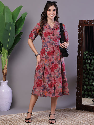 Aawari Pink Floral Cotton Pleated Midi Dress with Collar - Midi Dresses / Western Wear / Dresses