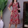 Aawari Pink Floral Cotton Pleated Midi Dress with Collar - Midi Dresses / Western Wear / Dresses