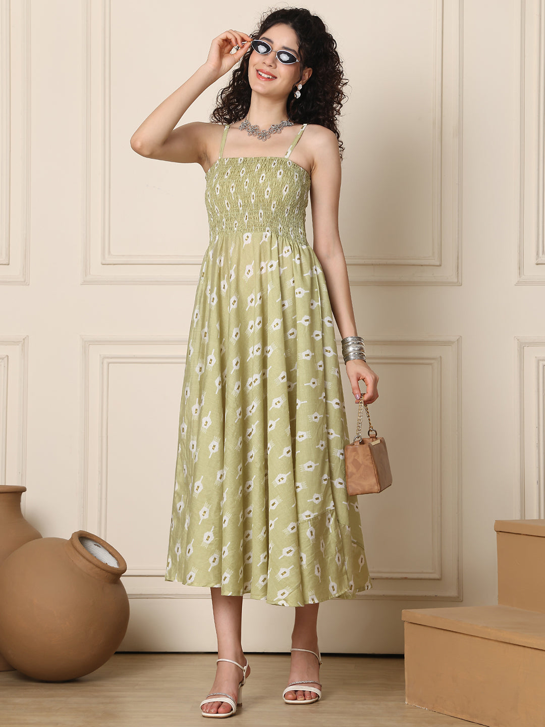 Aawari Silk Unique Printed Spaghetti Strap Dress - Western wear