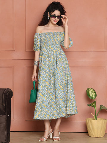 Aawari Unique Cotton Printed Off Shoulder Dress