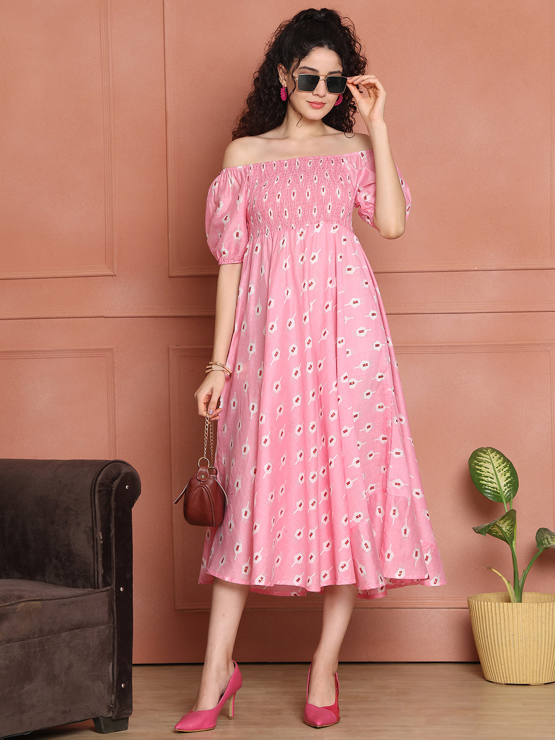 Aawari Chanderi Unique Printed Off Shoulder Dress