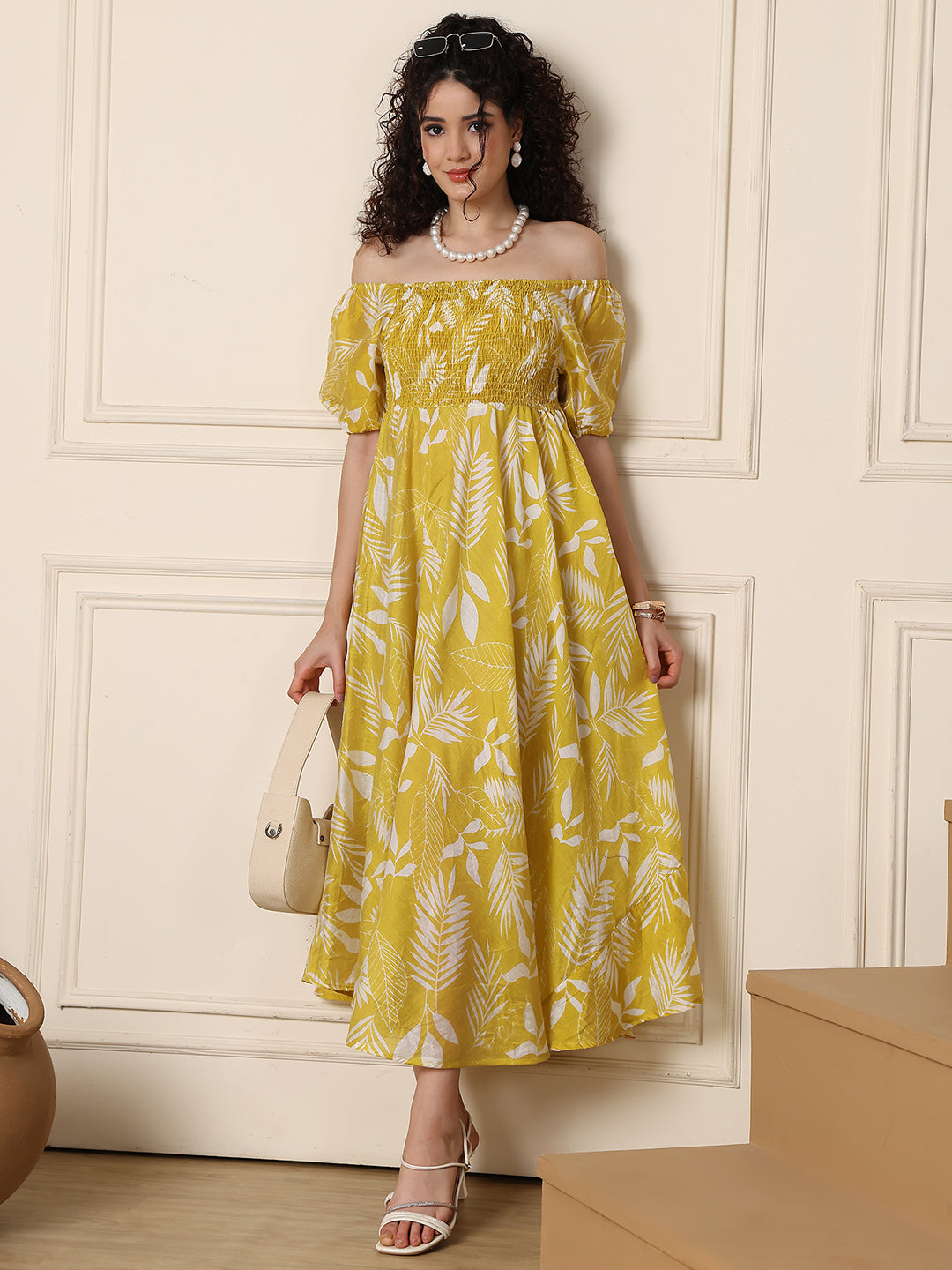 Aawari Unique Cotton Printed Off Shoulder Dress