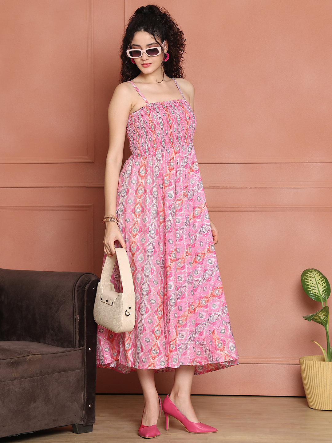 Aawari Silk Unique Printed Spaghetti Strap Dress - Western wear
