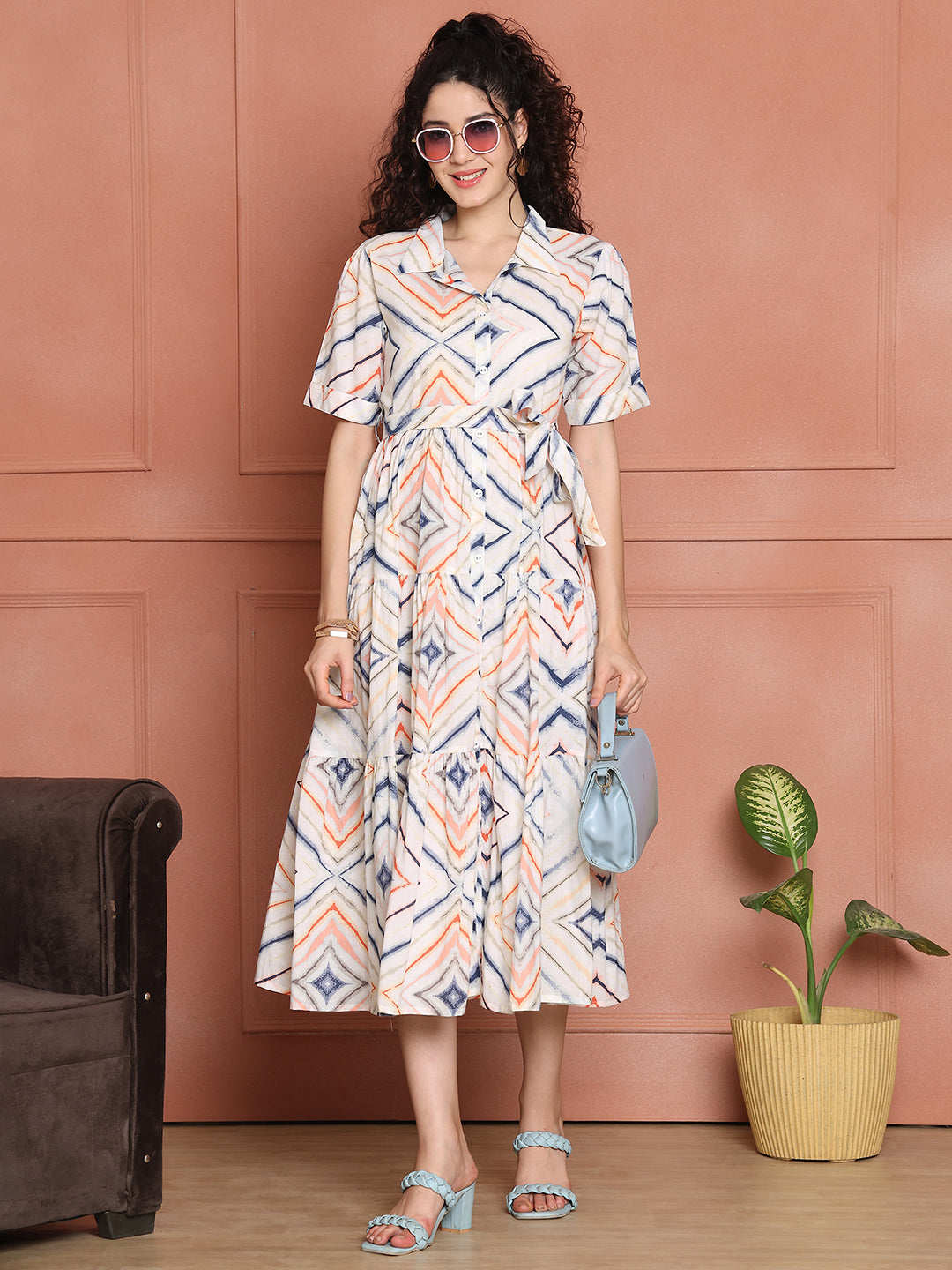Aawari Cotton Printed Shirt Collar Dress