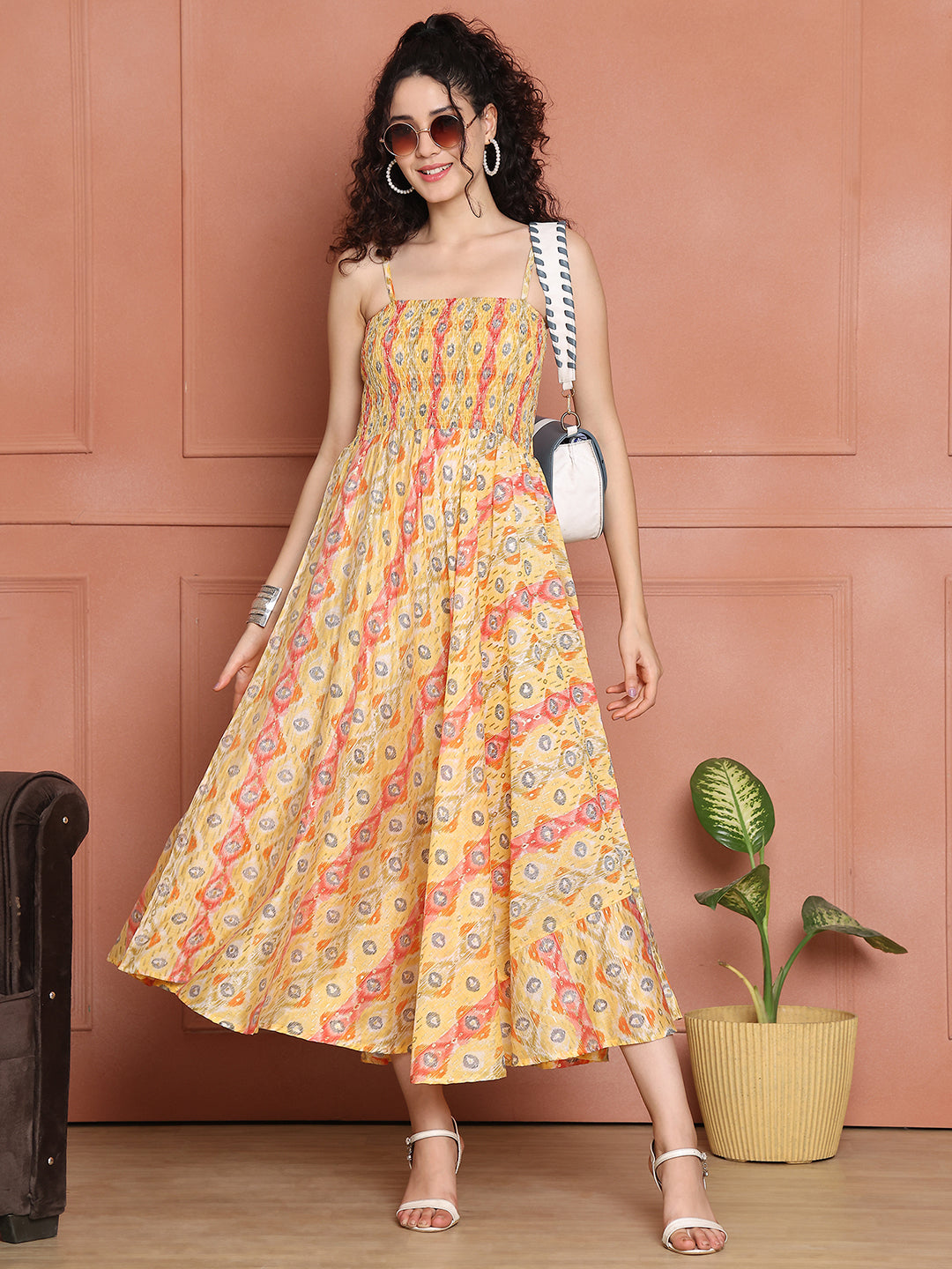 Aawari Silk Unique Printed Spaghetti Strap Dress - Western wear