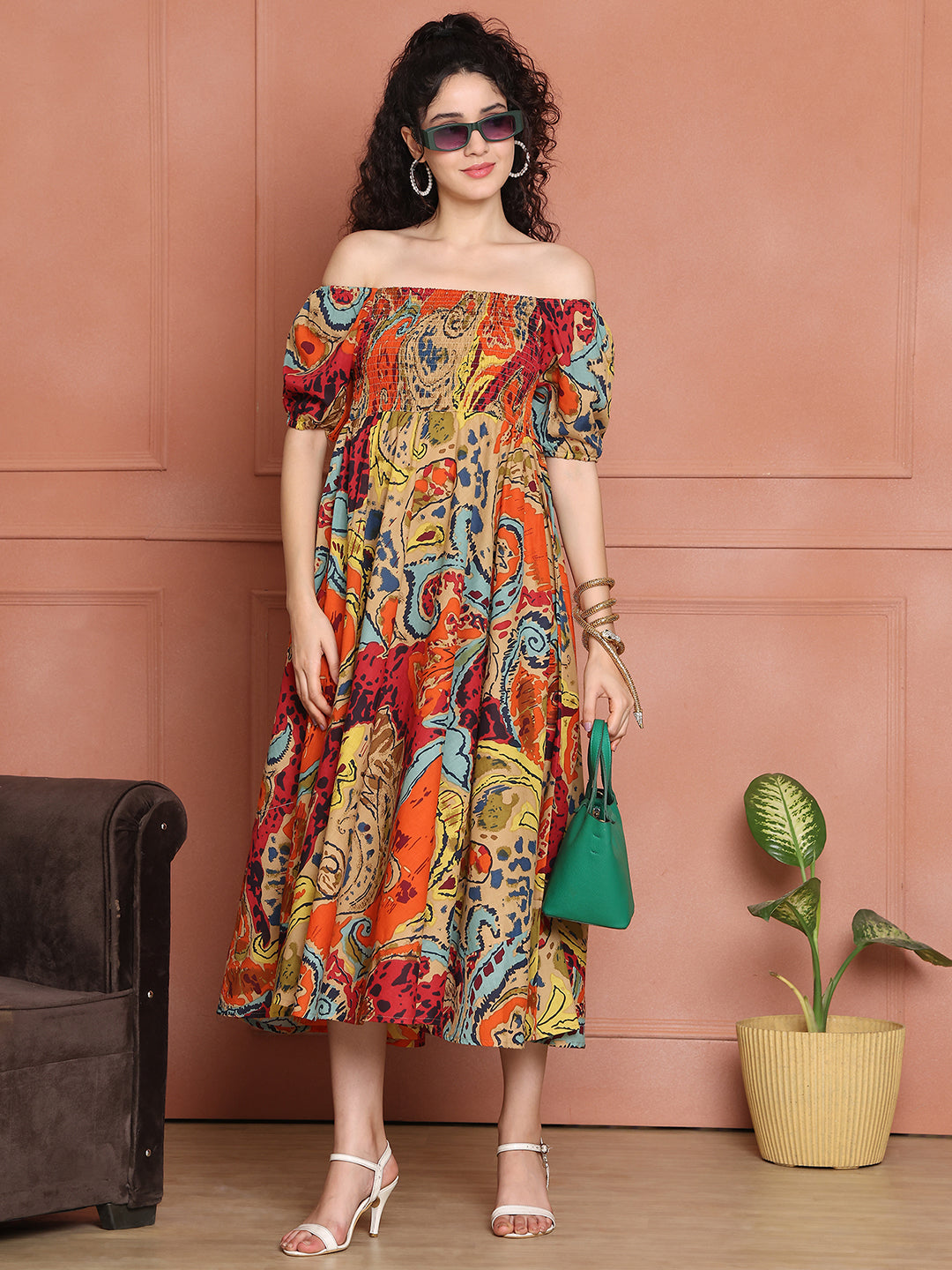 Aawari Unique Cotton Printed Off Shoulder Dress