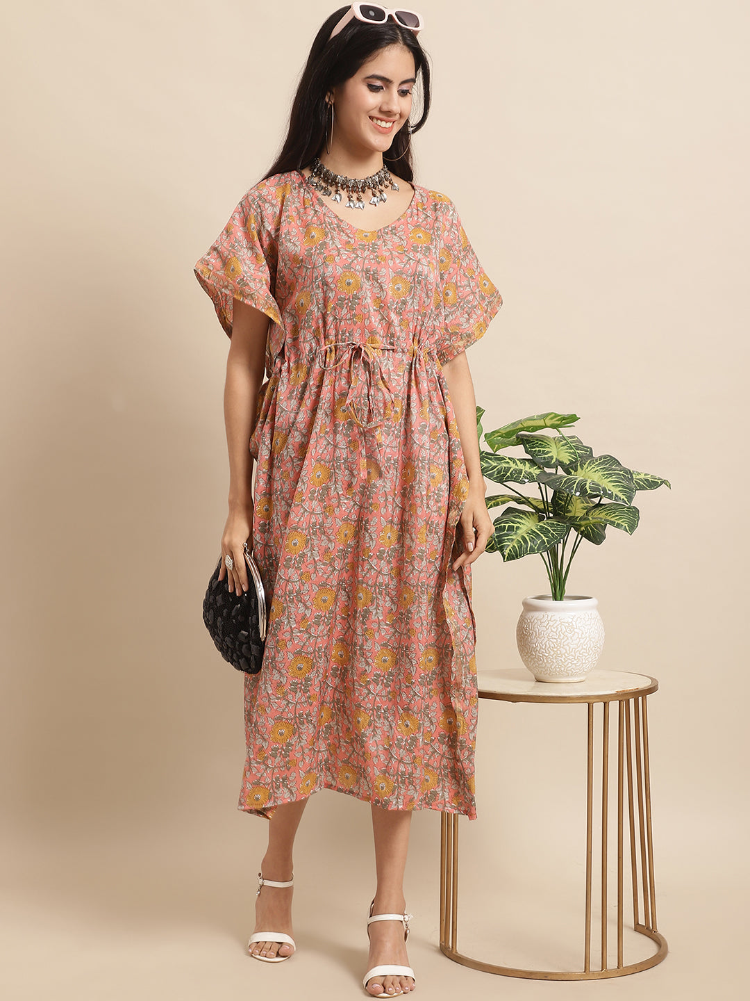 Chanderi Floral Printed Tie-Up Kaftan Gown