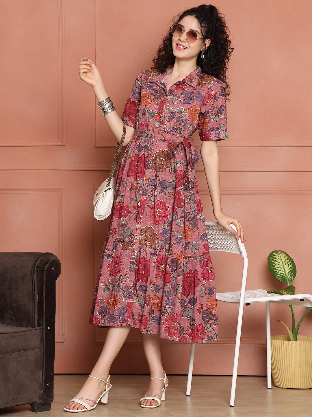Aawari Cotton Printed Shirt Collar Dress