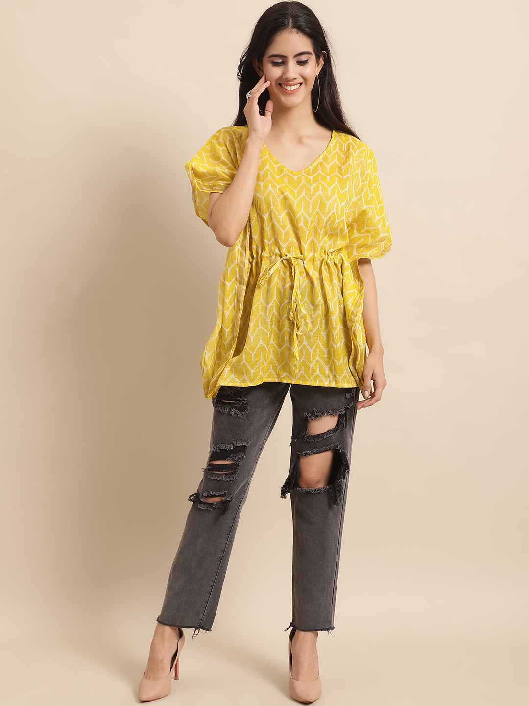 Chanderi Yellow Geometric Printed Kaftan Top With Bell Sleeve 