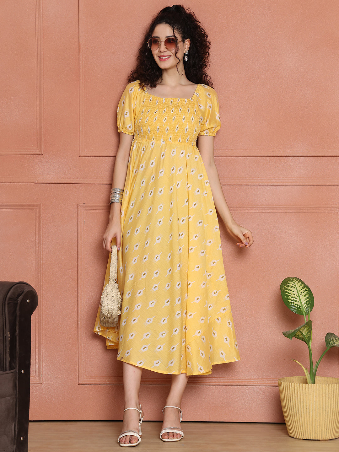 Aawari Chanderi Unique Printed Off Shoulder Dress