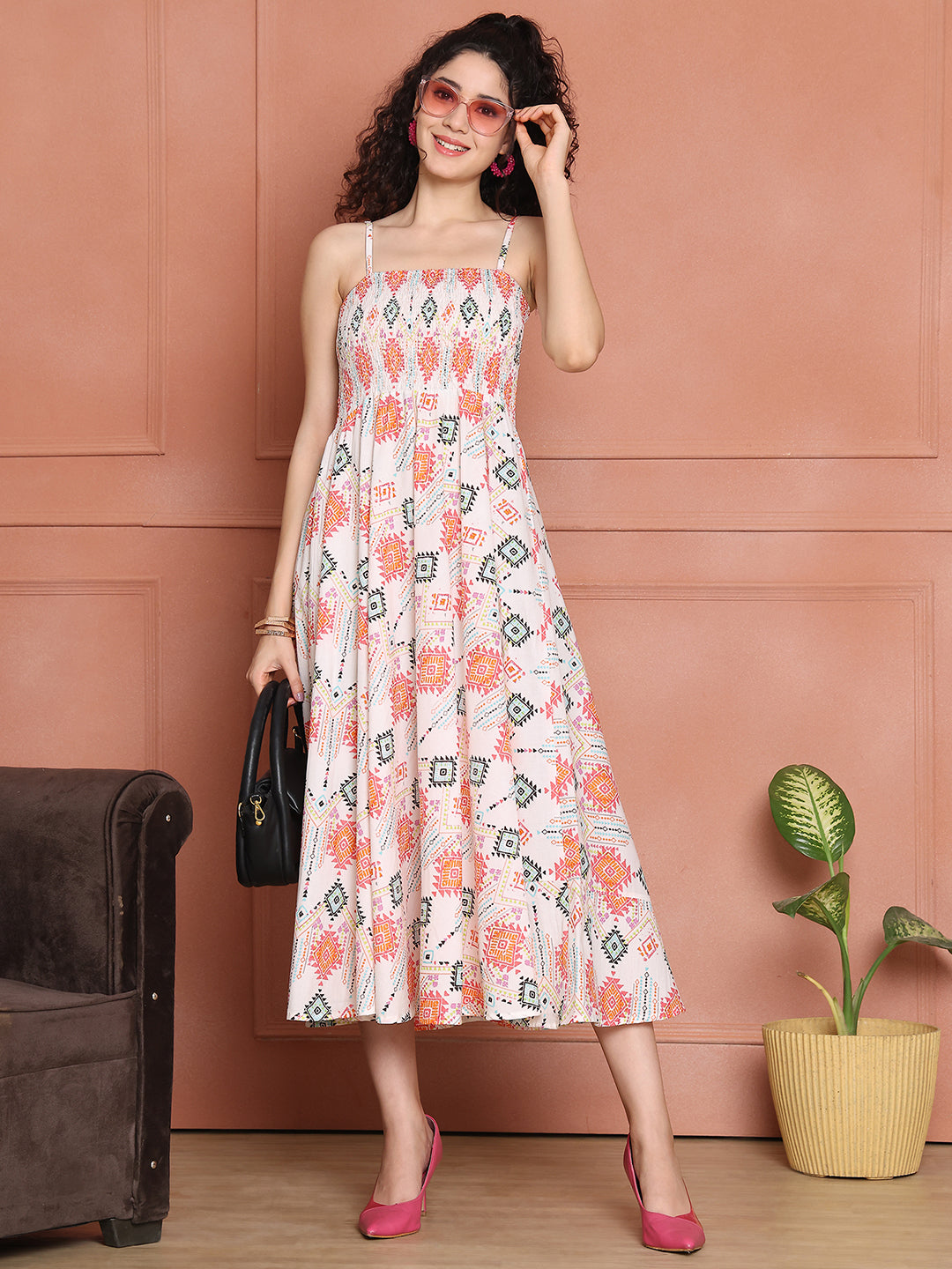 Aawari Cotton Unique Printed Spaghetti Strap Dress - Western wear