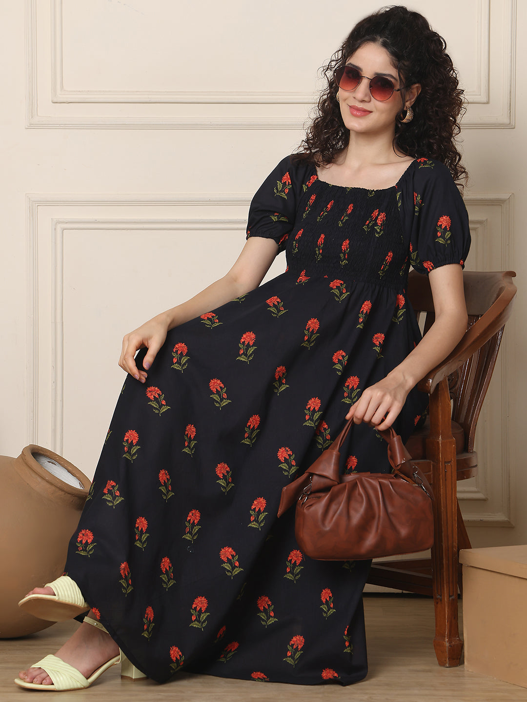 Aawari Unique Cotton Printed Off Shoulder Dress
