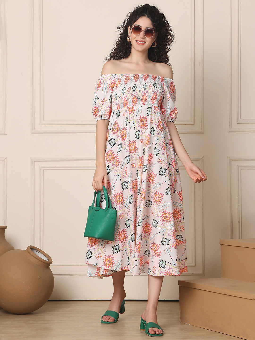 Aawari Unique Cotton Printed Off Shoulder Dress