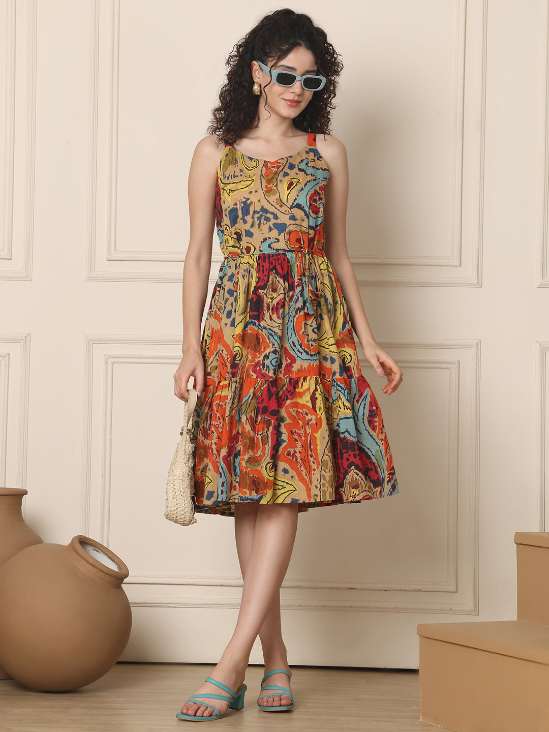Aawari Cotton Printed Eye Catching Short Dress - Midi Dress