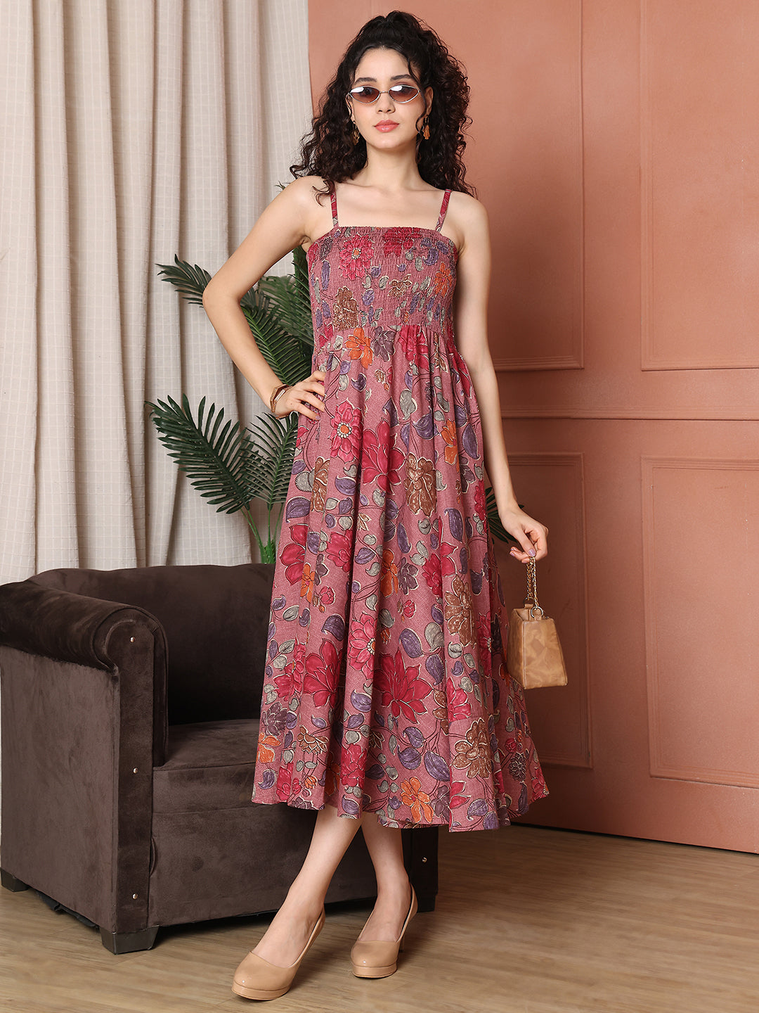 Aawari Cotton Unique Printed Spaghetti Strap Dress - Western wear