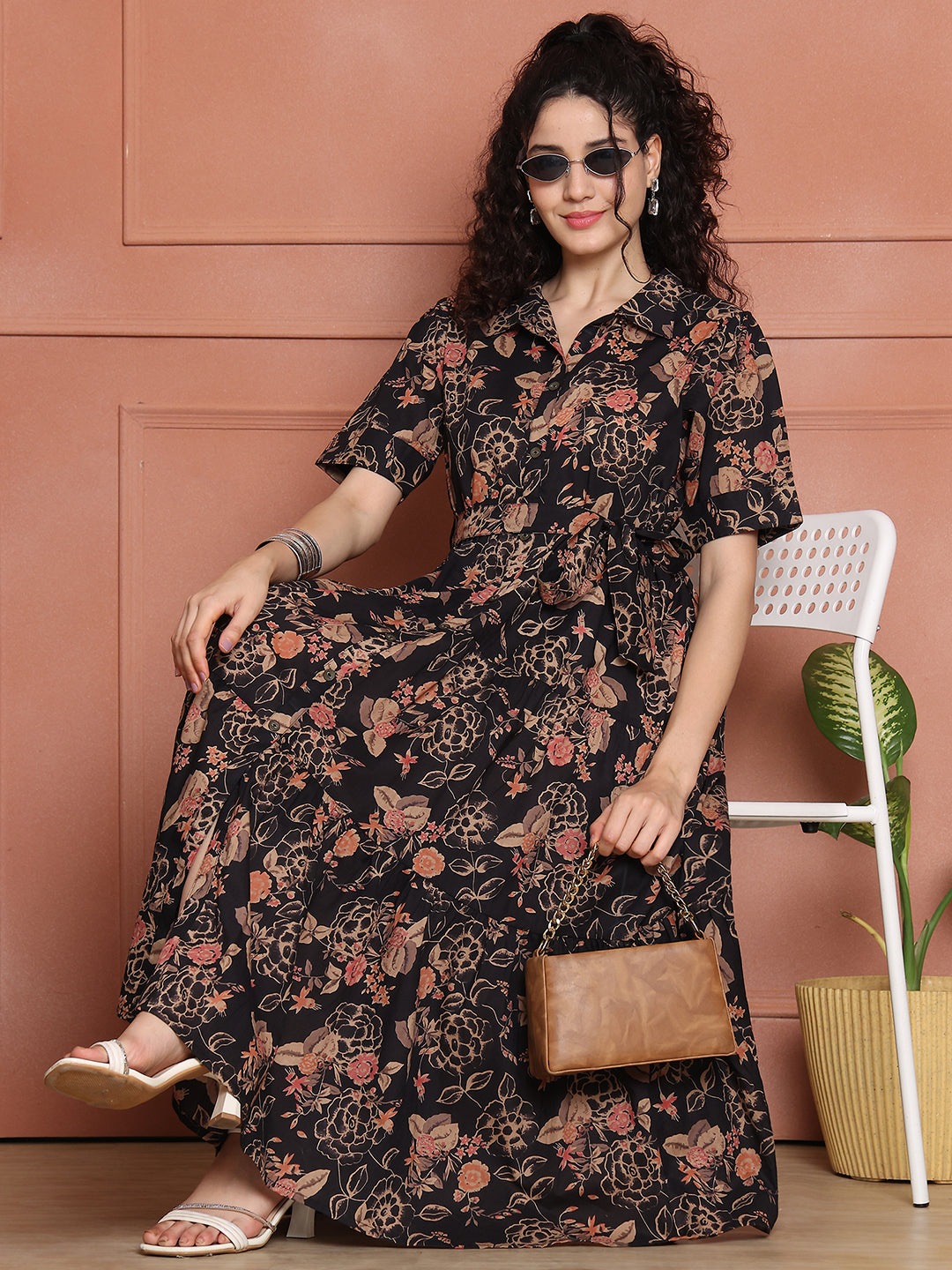 Aawari Black Floral Print Shirt Dresses With Waist Tie-Up