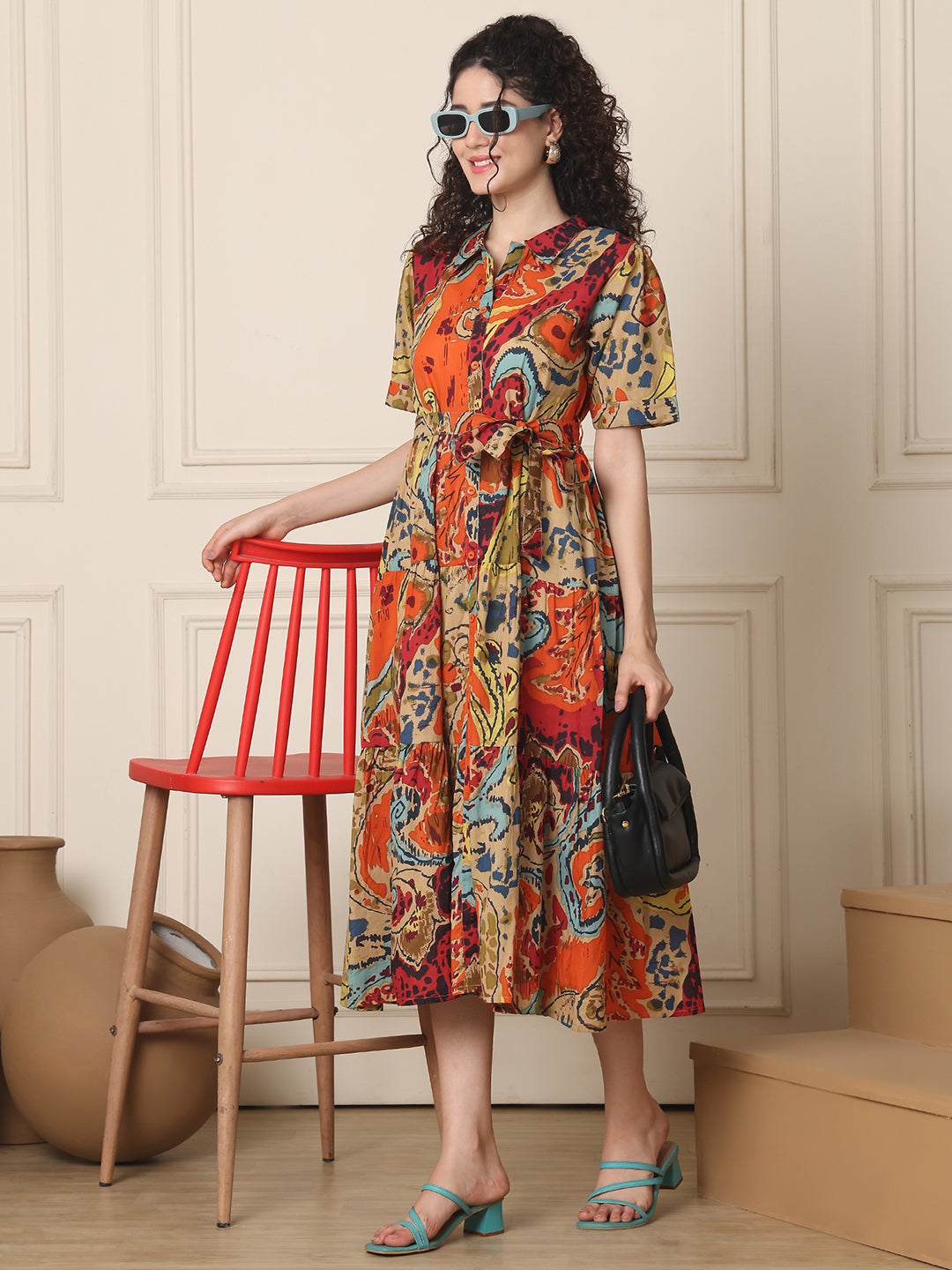 Aawari Cotton Printed Shirt Collar Dress