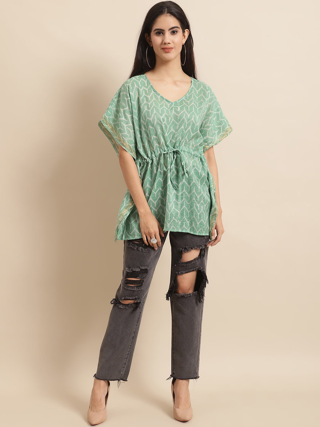 Chanderi Green Geometric Printed Kaftan Top With Bell Sleeve 