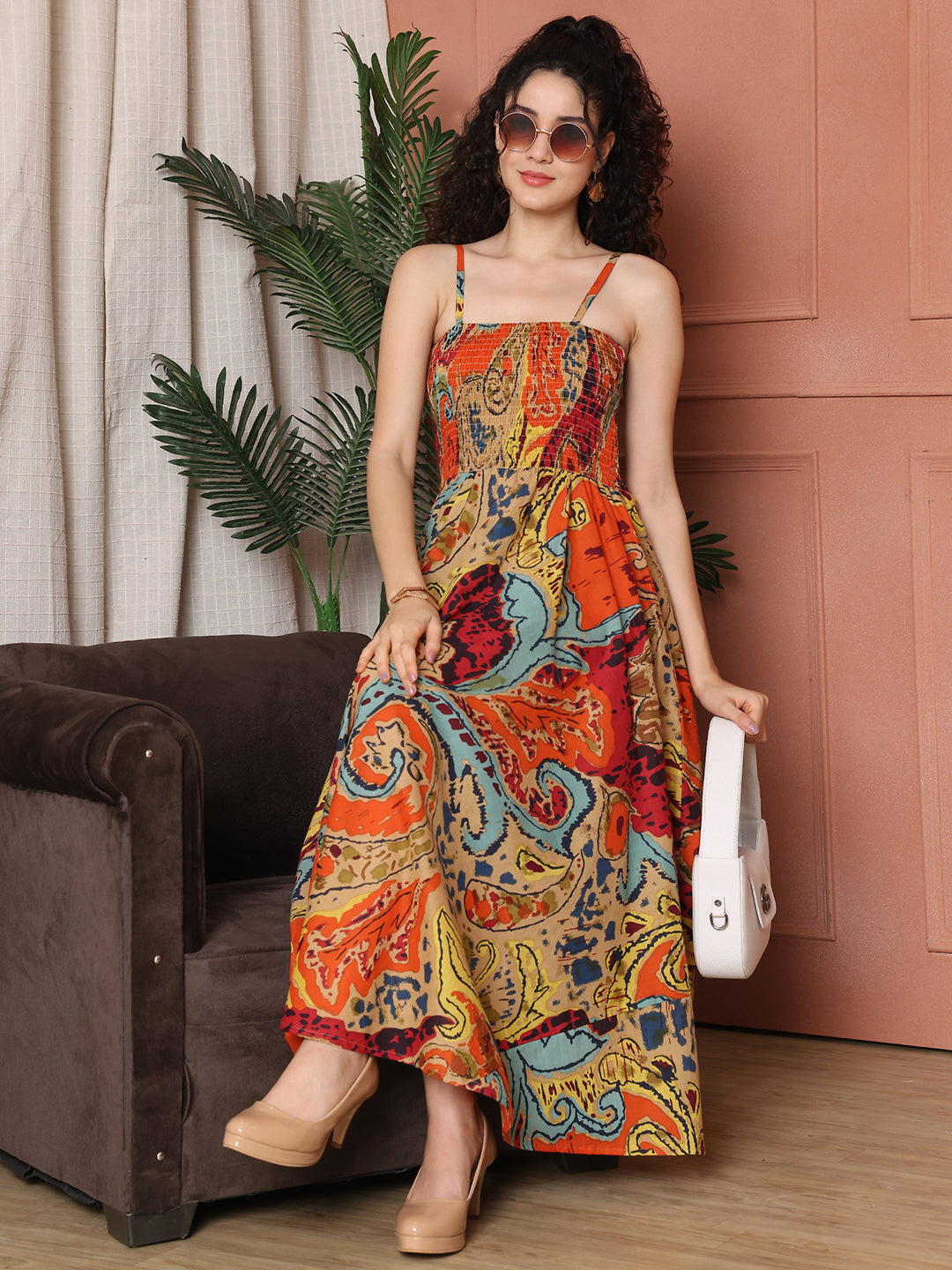 Aawari Cotton Unique Printed Spaghetti Strap Dress - Western wear