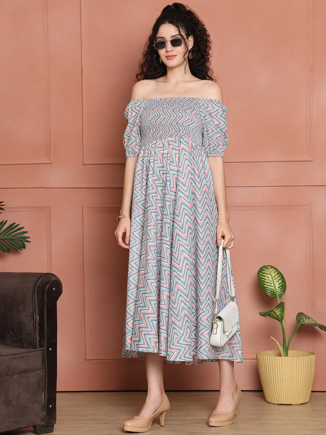 Aawari Unique Cotton Printed Off Shoulder Dress