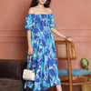Aawari Ocean Blue Rayon Printed Off Shoulder Dresses / Maxi Dresses / Western Wear