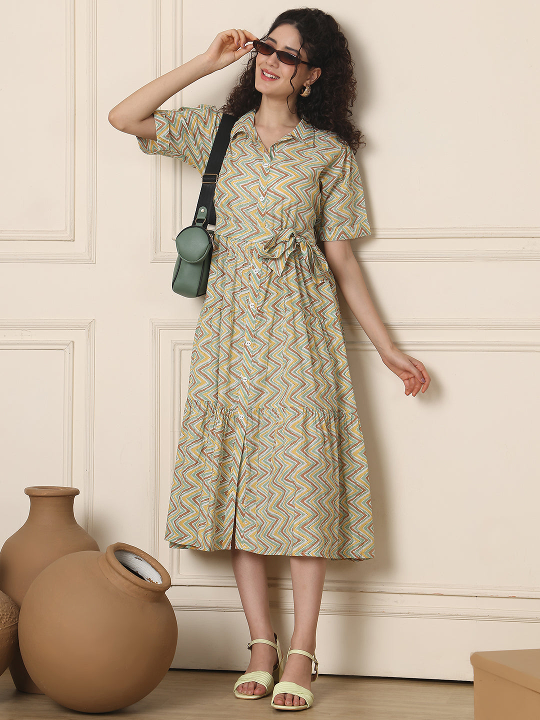 Aawari Pastel ZigZag Print Cotton Shirt Dresses With Waist Tie-Up