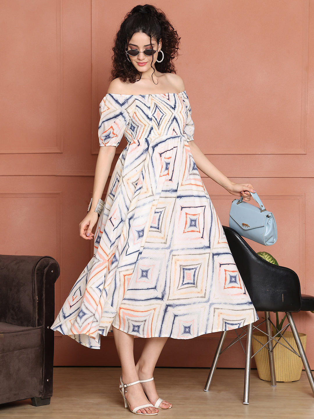 Aawari Unique Cotton Printed Off Shoulder Dress