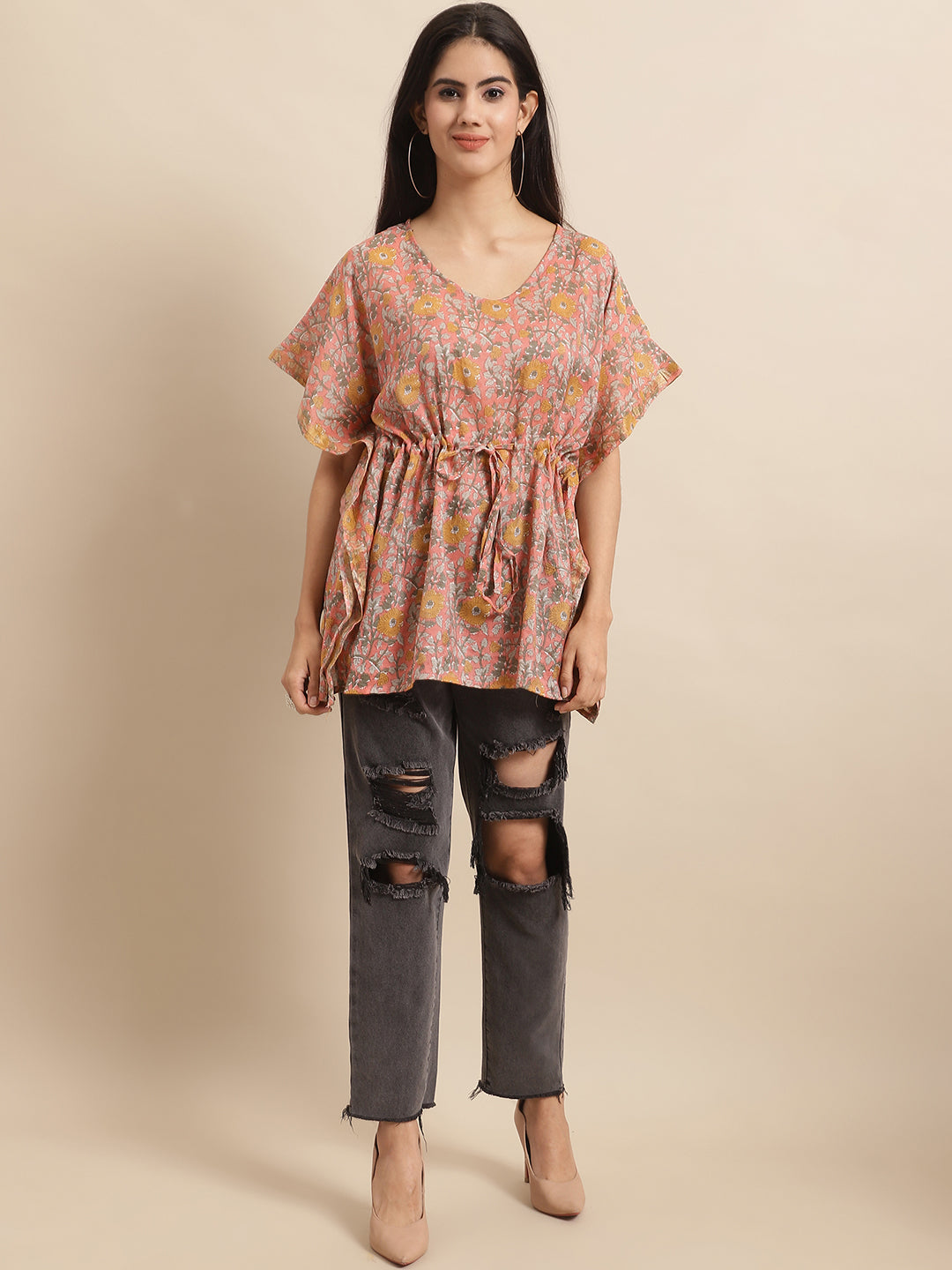 Chanderi Floral Printed Round Neck Kaftan Top With Bell Sleeve 