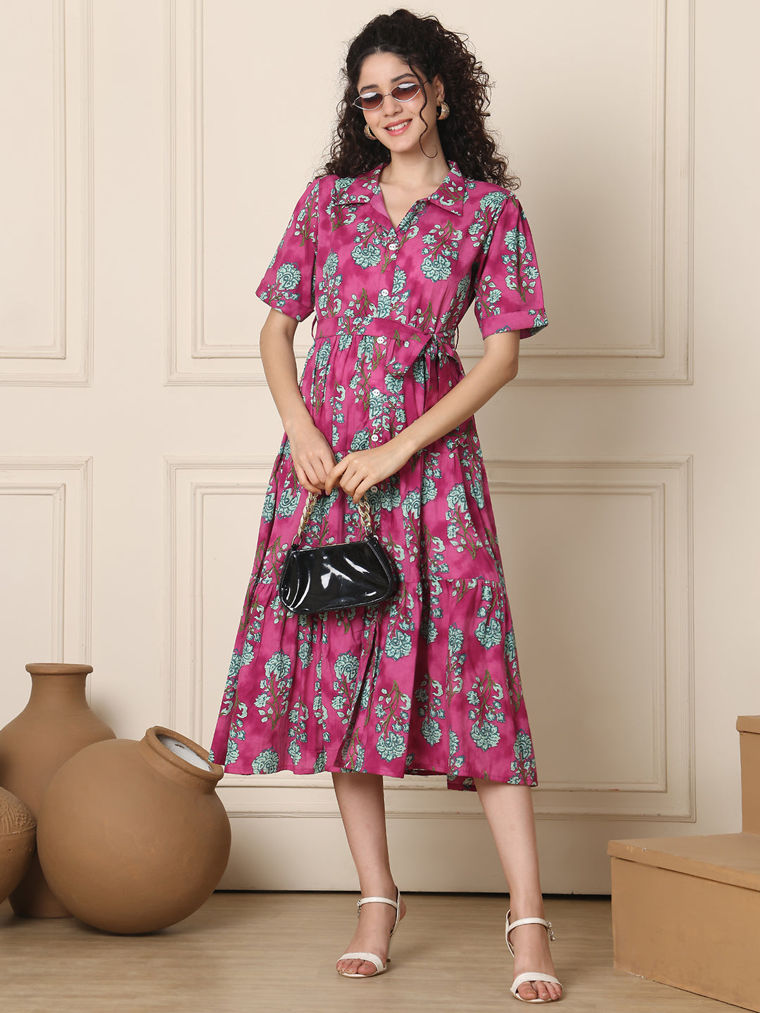 Aawari Cotton Printed Shirt Collar Dress