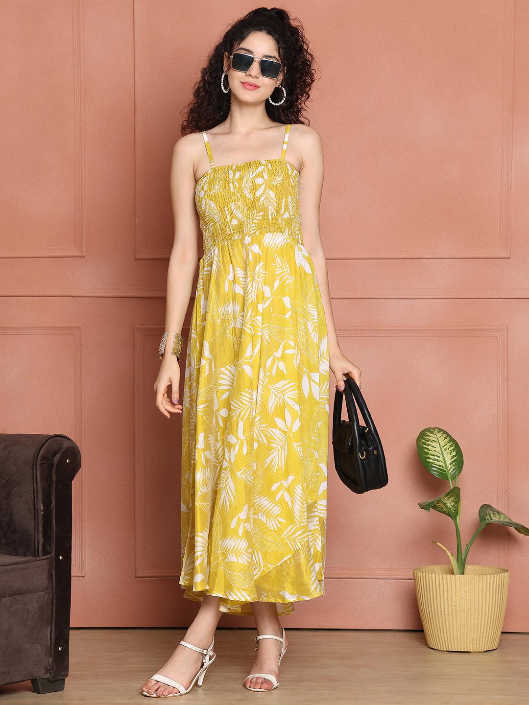 Aawari Cotton Unique Printed Spaghetti Strap Dress - Western wear