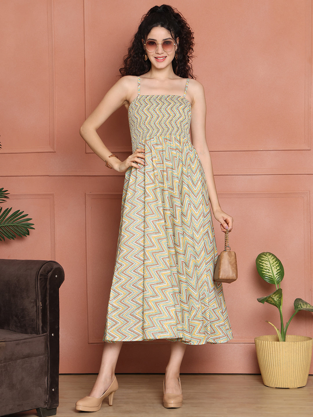 Aawari Cotton Unique Printed Spaghetti Strap Dress - Western Wear