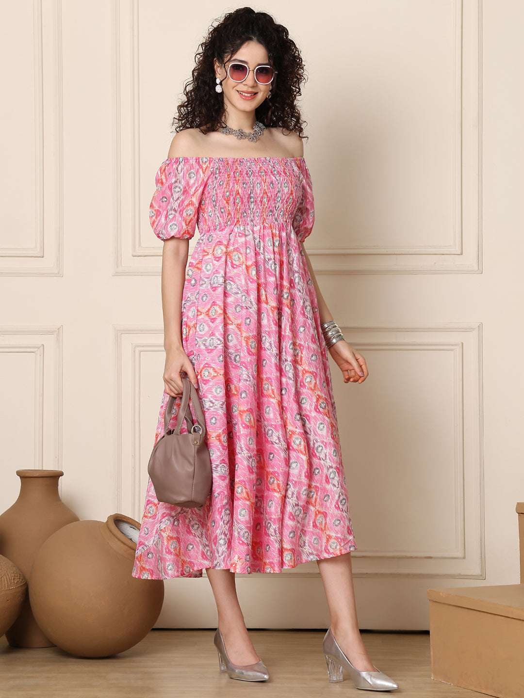 Aawari Chanderi Unique Printed Off Shoulder Dress