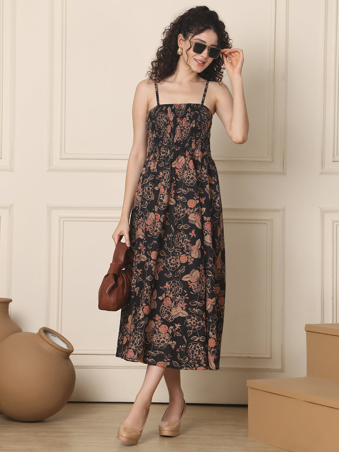 Aawari Cotton Unique Printed Spaghetti Strap Dress - Western Wear