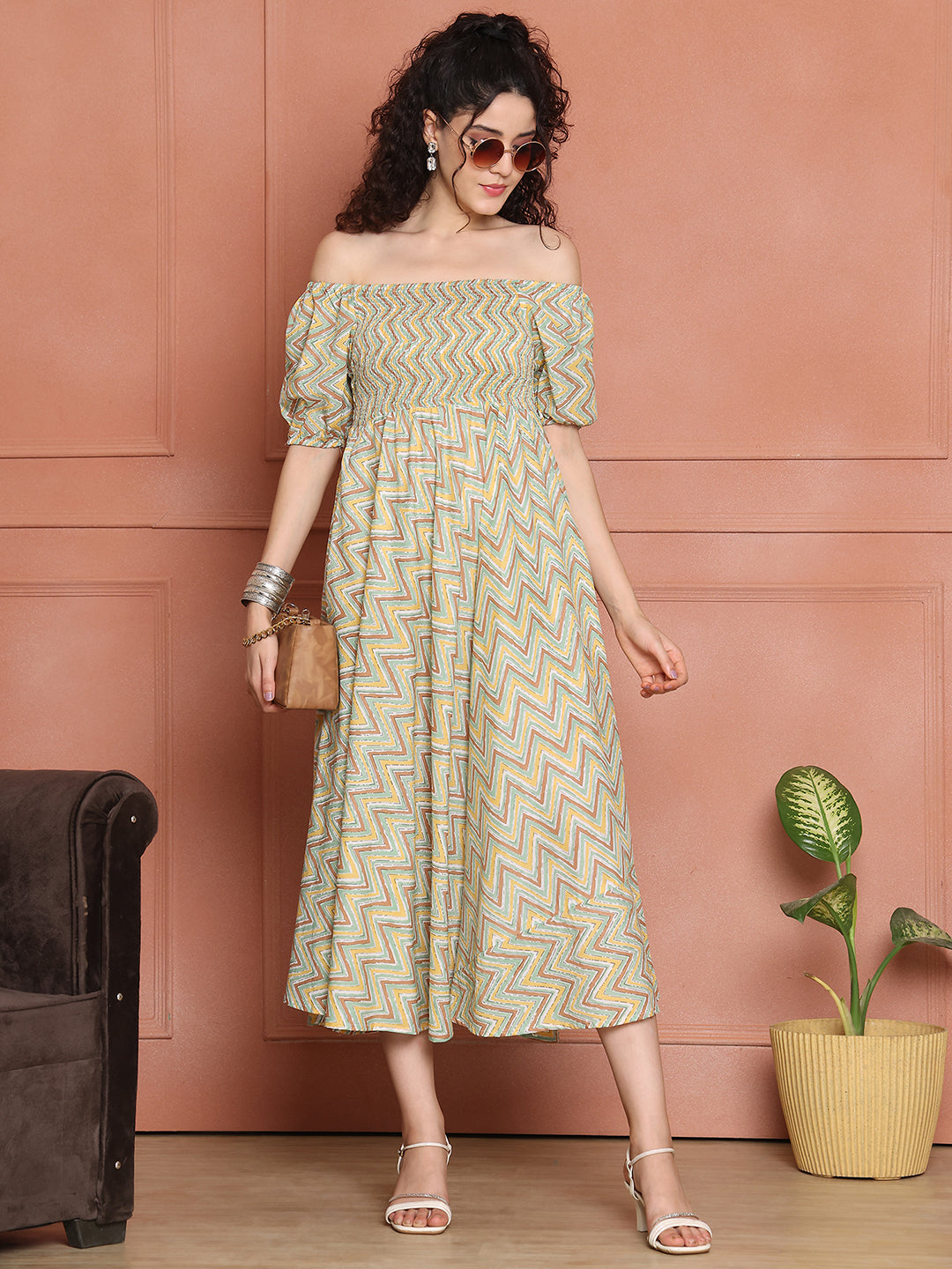 Aawari Unique Cotton Printed Off Shoulder Dress