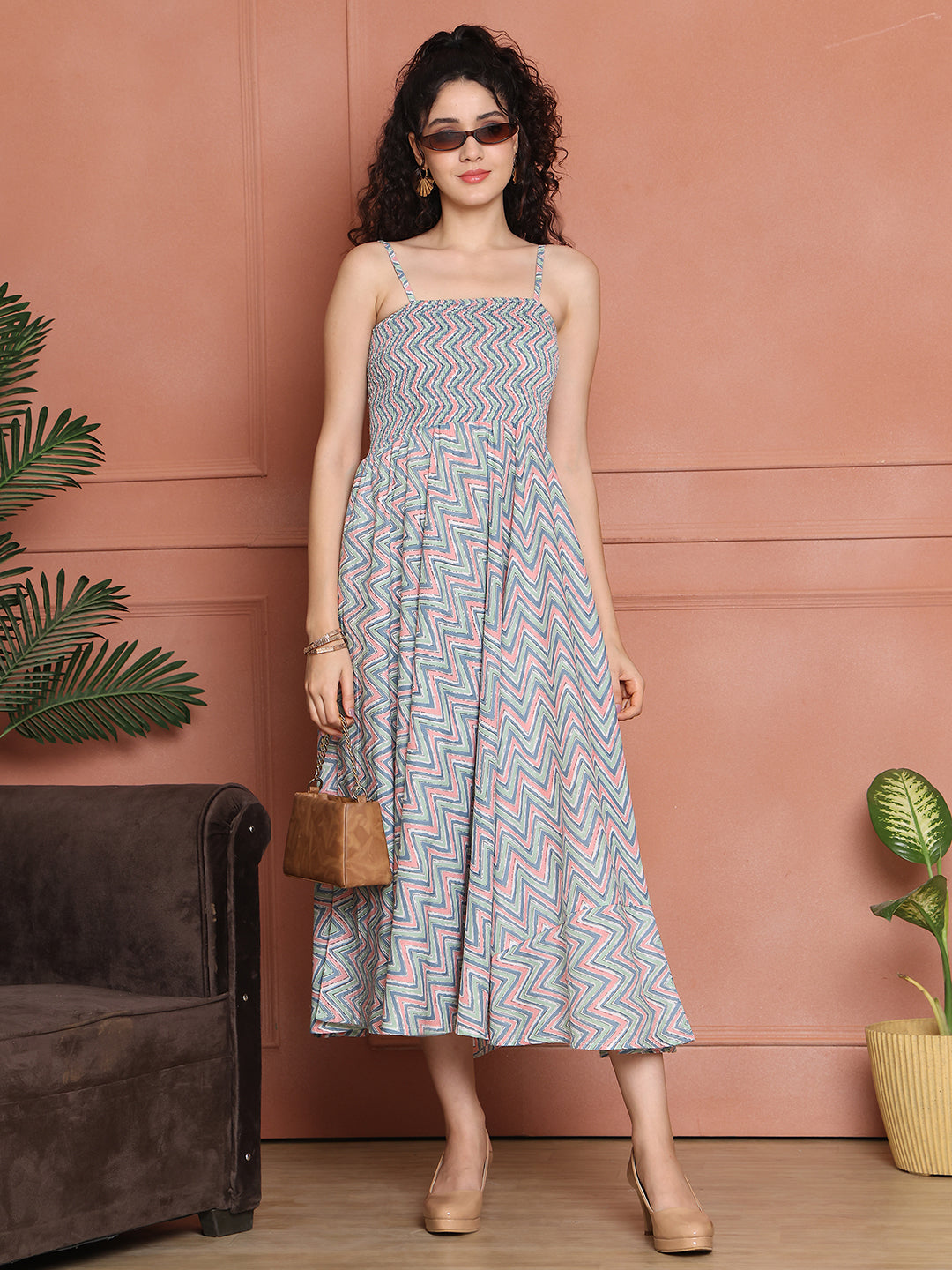 Aawari Cotton Unique Printed Spaghetti Strap Dress - Western Wear