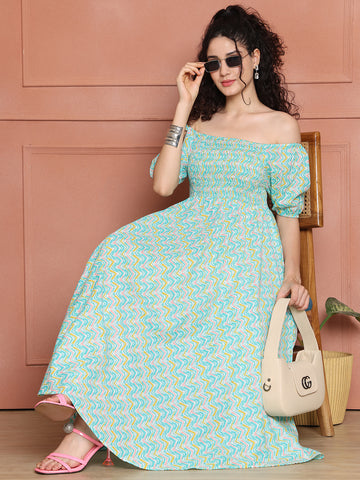 Aawari Unique Cotton Printed Off Shoulder Dress