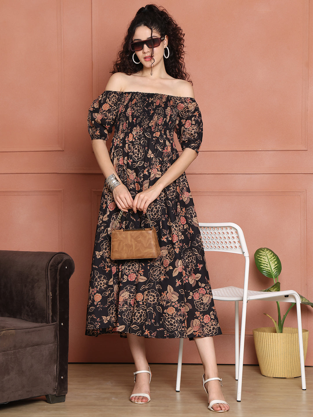 Aawari Unique Cotton Printed Off Shoulder Dress