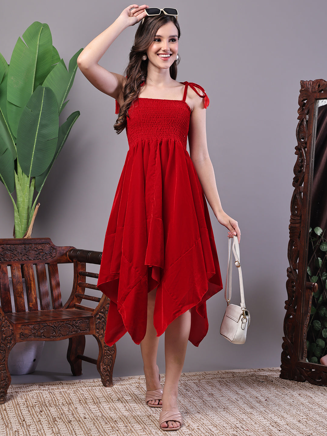 Aawari Red Junglee Pattern Velvet Handkerchief Hem Dress - Midi Dresses / Western Wear
