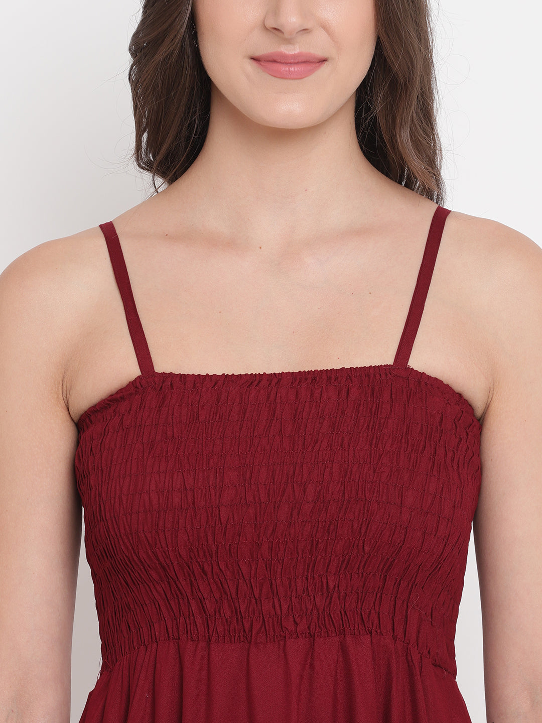 Wine Red Solid Rayon Flared Maxi Dress with Smocked Bodice & Spaghetti Straps - Western Wear