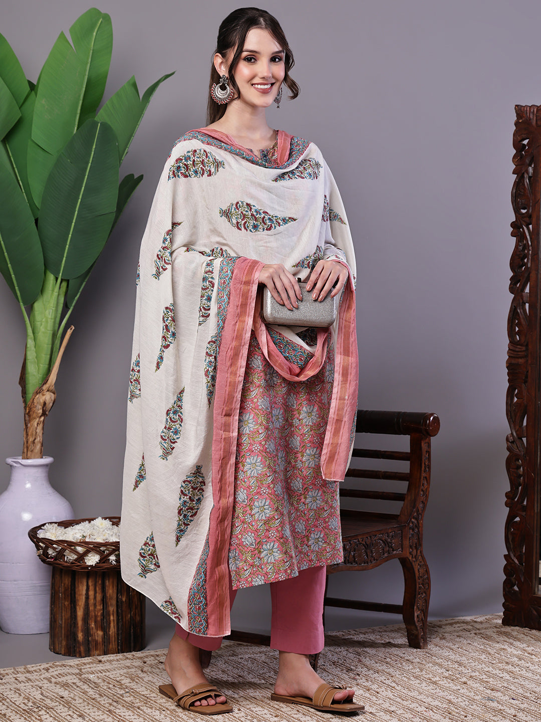 Aawari Rust Pink Chanderi Printed Kurta Set with Dupatta - Suit Sets